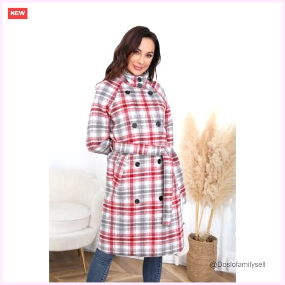 Long Wool Plaid Pea Coat Double Breast Midi Trench Overcoat with Belt - Picture 3 of 7